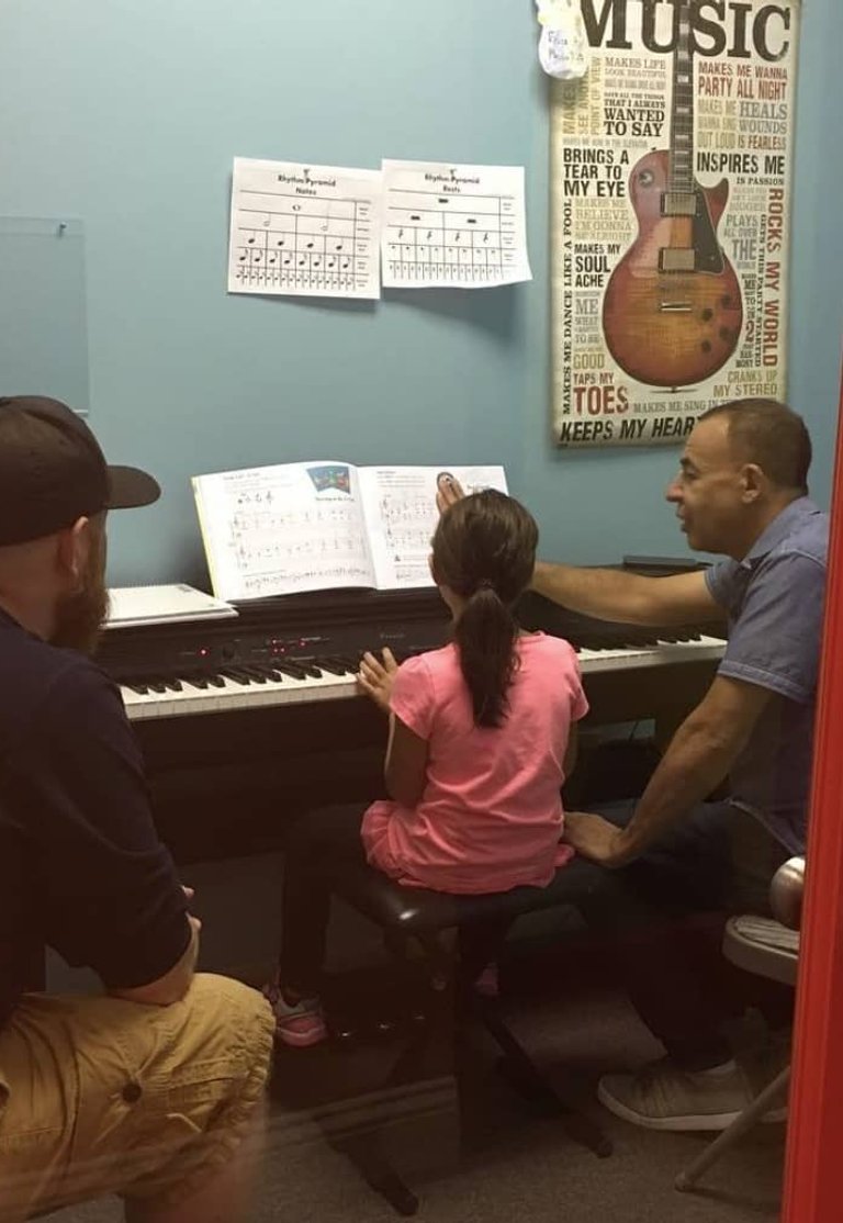 Two adults teaching child piano in small music room
