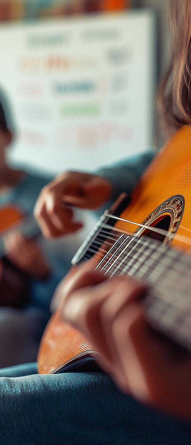 Close-up of acoustic guitar with player behind
